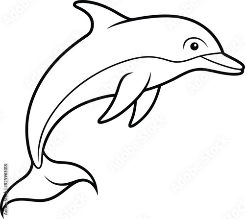 Dolphin outline illustration or silhouette, leaping out of the water in a fluid motion, with clean, curved lines on a white background