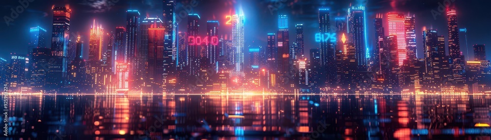 Aerial view of futuristic city at night with glowing lights. Aerial view of futuristic city at night with glowing lights.