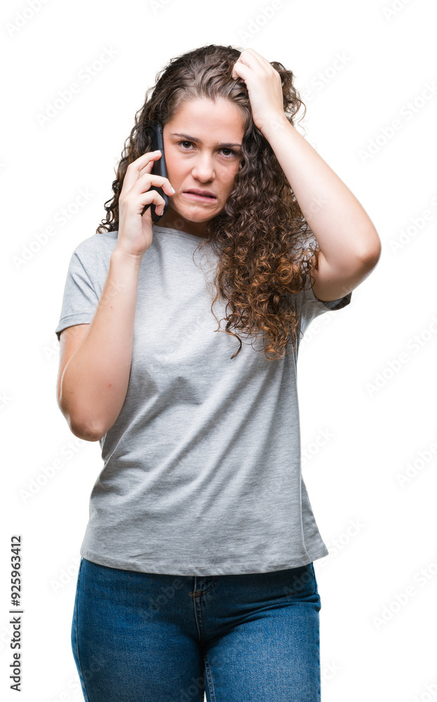 Young brunette girl talking on smartphone over isolated background stressed with hand on head, shocked with shame and surprise face, angry and frustrated. Fear and upset for mistake. Young brunette girl talking on smartphone over isolated background stressed with hand on head, shocked with shame and surprise face, angry and frustrated. Fear and upset for mistake.