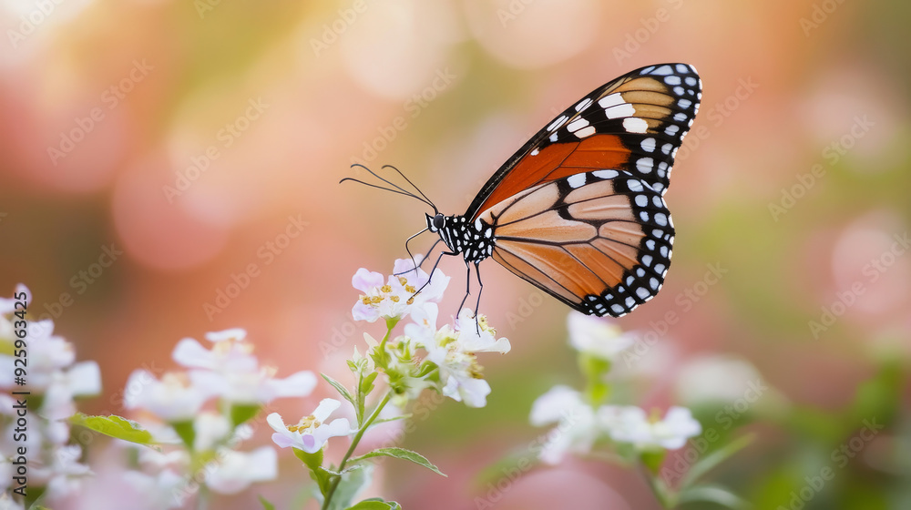 Fototapeta premium A butterfly named Danaus chrysippus is commonly seen on flowers. It's often called the plain tiger, African queen, or African monarch. --ar 16:9 --v 6.1 Job ID: a9ef17ef-6ea9-4aa8-9829-5a759a5abe11