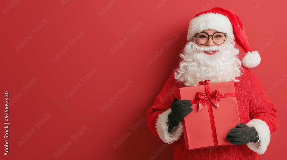 Naklejka premium Joyful Female Santa Claus with Gift and Shopping Bag Spreading Holiday Cheer, Generative Ai
