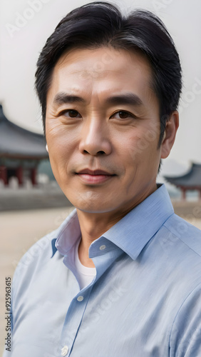 Portrait of a middle-aged South Korean man, frontal photo, facing the camera, successful South Korean businessman and politician