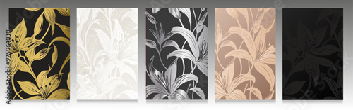 Luxury lilies cover set. Flower bouquet silhouette, on a gradient background, shiny and bright effect. Elegant floral collection.