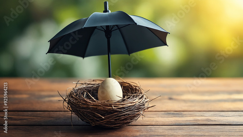 Umbrella protecting egg in nest on wooden table with green background