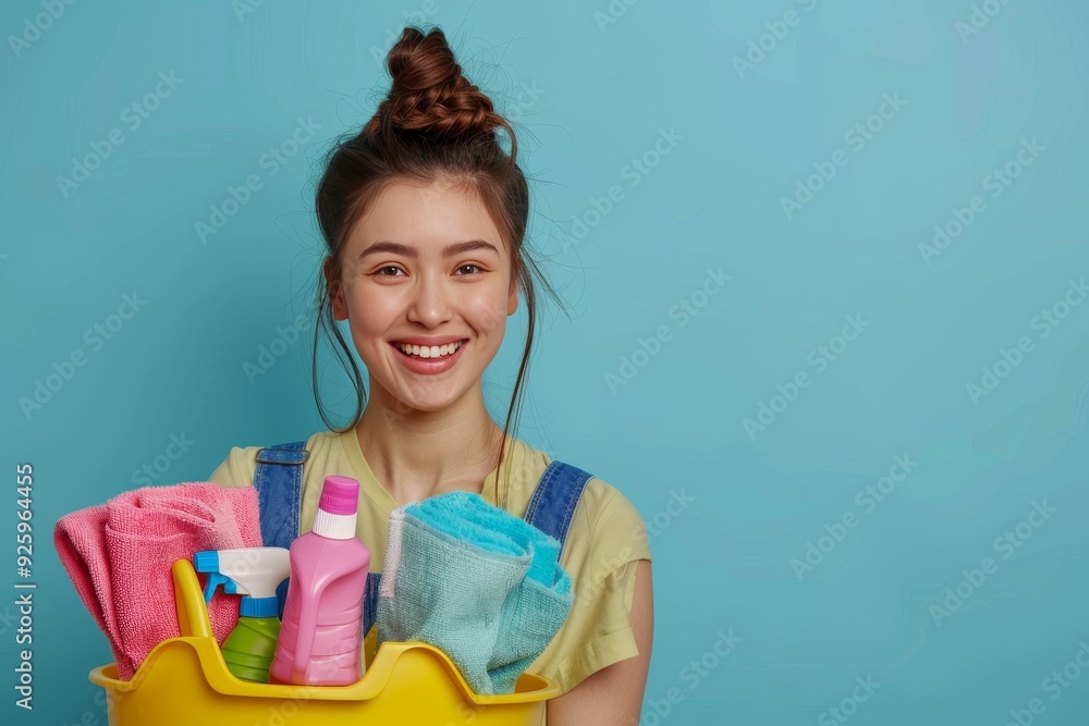 Happy young maid in yellow gloves holding cleaning supplies in bucket, isolated on blue background Happy young maid in yellow gloves holding cleaning supplies in bucket, isolated on blue background