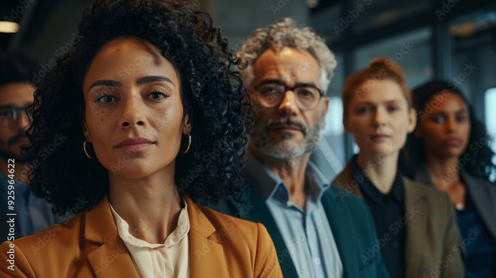 A group of professionals stands together, displaying a mix of emotions and focus while engaging in a vital conversation in a contemporary workspace A group of professionals stands together, displaying a mix of emotions and focus while engaging in a vital conversation in a contemporary workspace