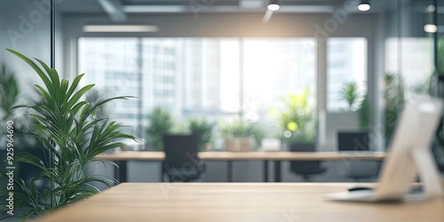 Beautiful defocused office background - office interior panoramic background. generative ai