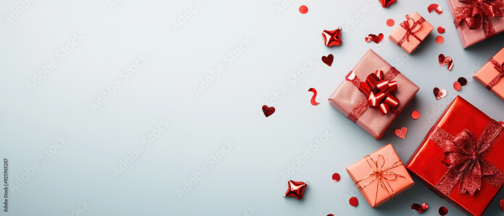 Top view of red and white gift boxes with ribbons and confetti on a light background, perfect for celebrations and festive occasions. Top view of red and white gift boxes with ribbons and confetti on a light background, perfect for celebrations and festive occasions.