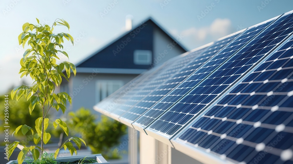 Fototapeta premium A close-up of an energy-efficient home with integrated solar panels, rainwater harvesting, and zero-waste composting systems, photo-realistic, eco-friendly residential technology