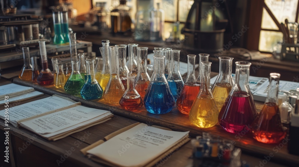 Colorful Chemical Solutions in Glass Flasks on a Wooden Table. Colorful Chemical Solutions in Glass Flasks on a Wooden Table.