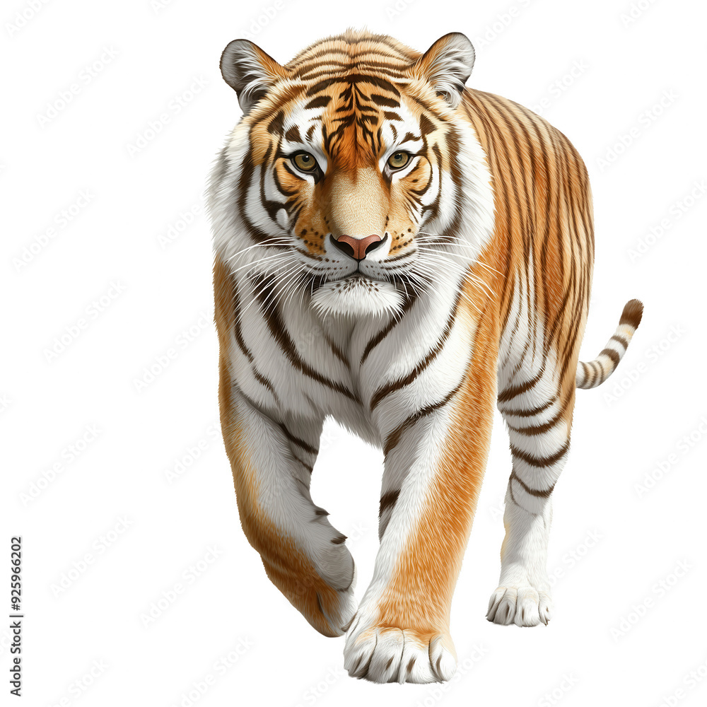 Obraz premium A majestic tiger walking, showcasing its strength and beauty, perfect for wildlife themes and nature illustrations.