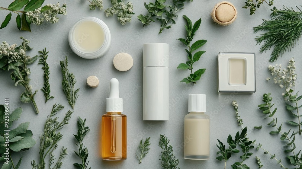 A flat lay of natural skincare products with fresh botanical elements, Organic skincare, Pure, natural, refreshing A flat lay of natural skincare products with fresh botanical elements, Organic skincare, Pure, natural, refreshing