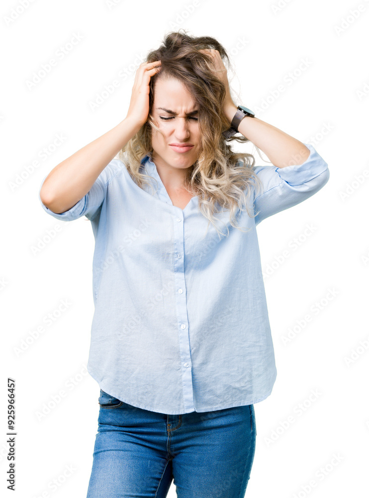 Beautiful young blonde business woman over isolated background suffering from headache desperate and stressed because pain and migraine. Hands on head. Beautiful young blonde business woman over isolated background suffering from headache desperate and stressed because pain and migraine. Hands on head.