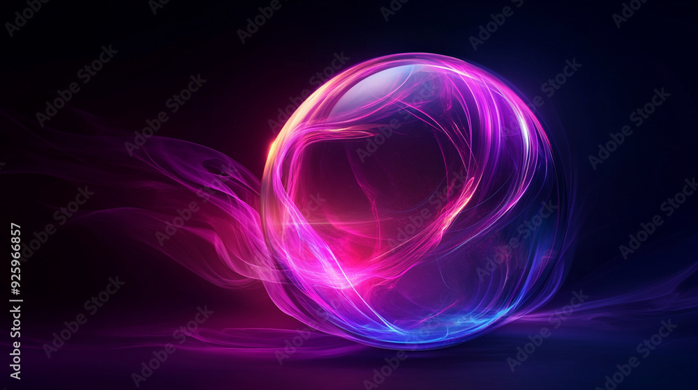 A glowing sphere surrounded by swirling pink and blue energy streaks A glowing sphere surrounded by swirling pink and blue energy streaks