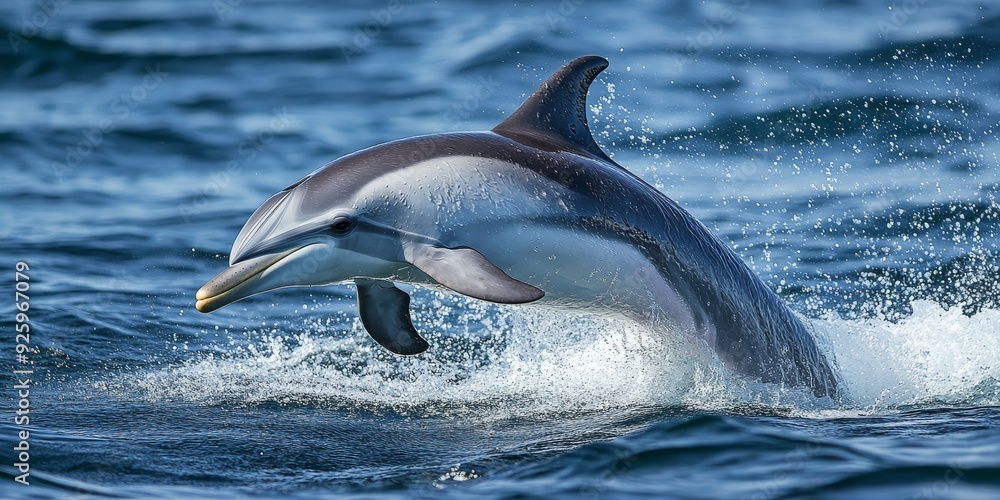 Fototapeta premium Detailed image of a playful dolphin jumping out of the ocean, illustrating the intelligence and energy of marine wildlife
