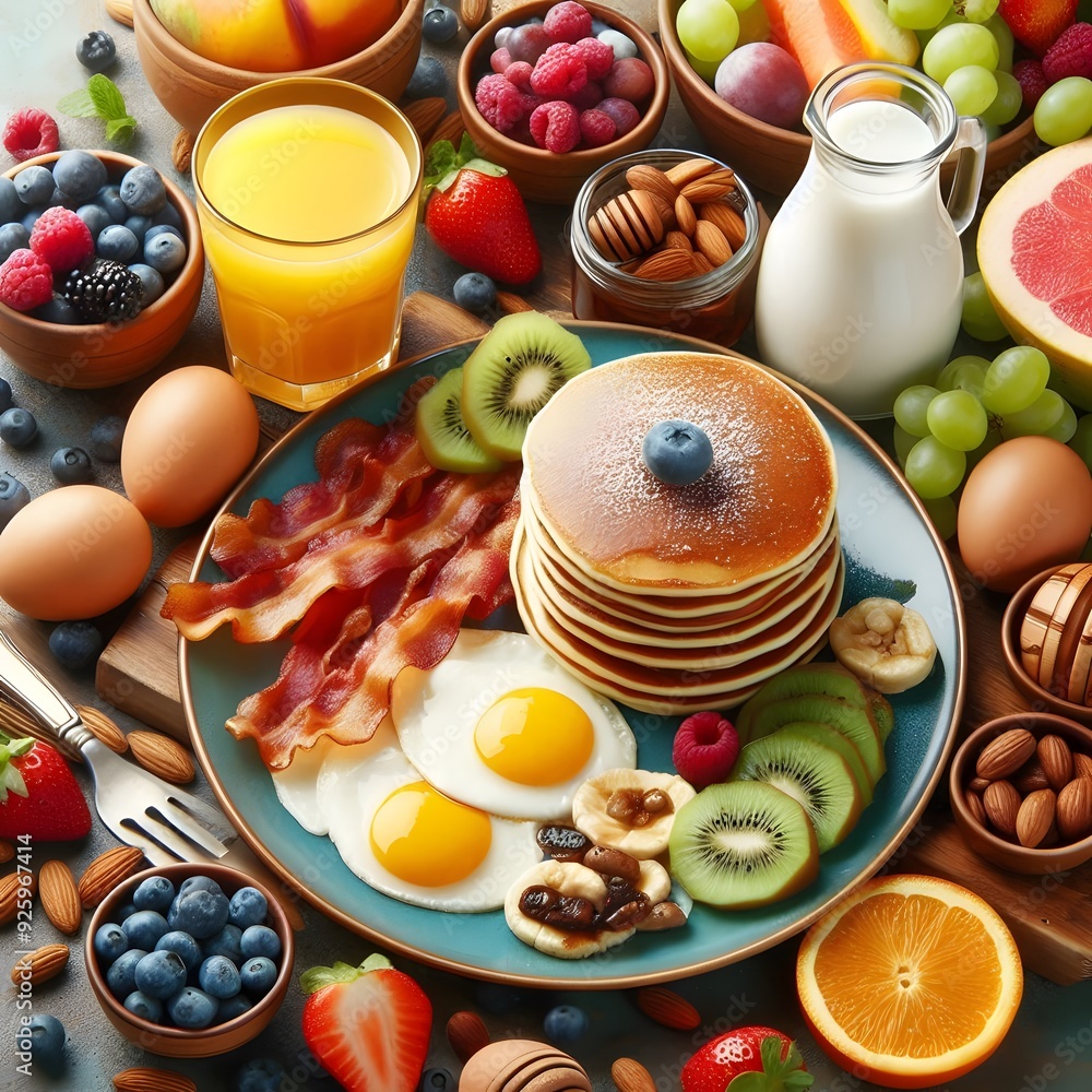 Delicious and Healthy Breakfast with Pancakes, Bacon, Eggs, Fruits and Berries Delicious and Healthy Breakfast with Pancakes, Bacon, Eggs, Fruits and Berries