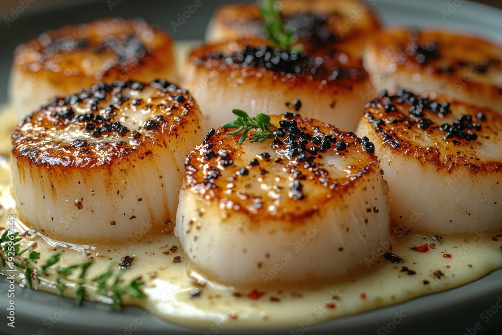 Plated scallops with light sauce and garnish, close-up on a blurred fine dining background. Elegant, tasty, and visually appealing dish. Plated scallops with light sauce and garnish, close-up on a blurred fine dining background. Elegant, tasty, and visually appealing dish.