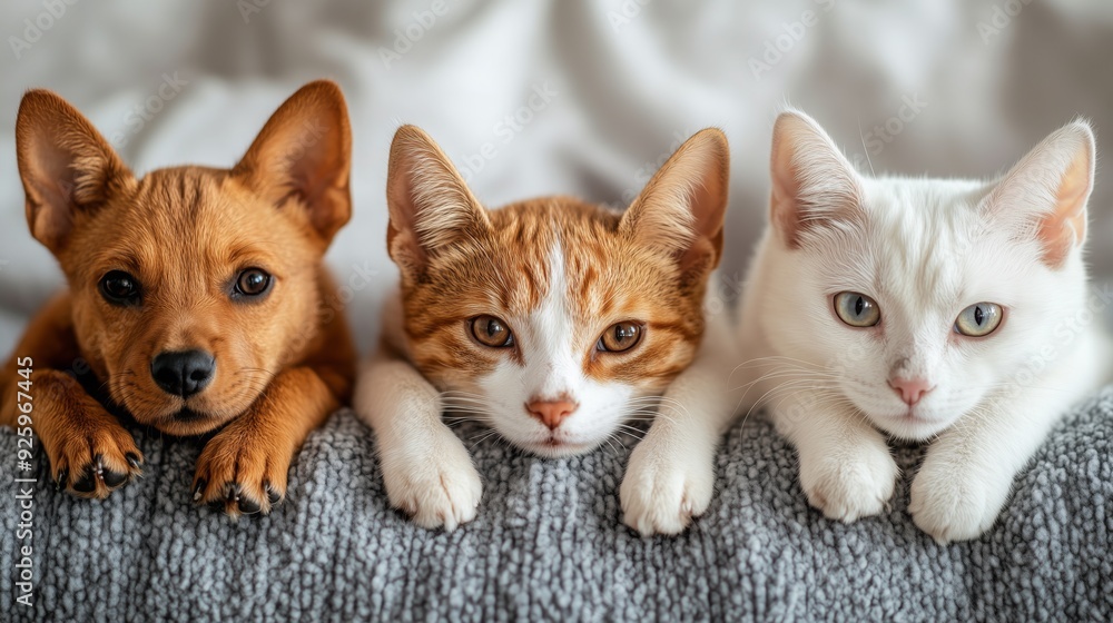 Three pets lounge together on a soft blanket in a calm indoor setting Three pets lounge together on a soft blanket in a calm indoor setting