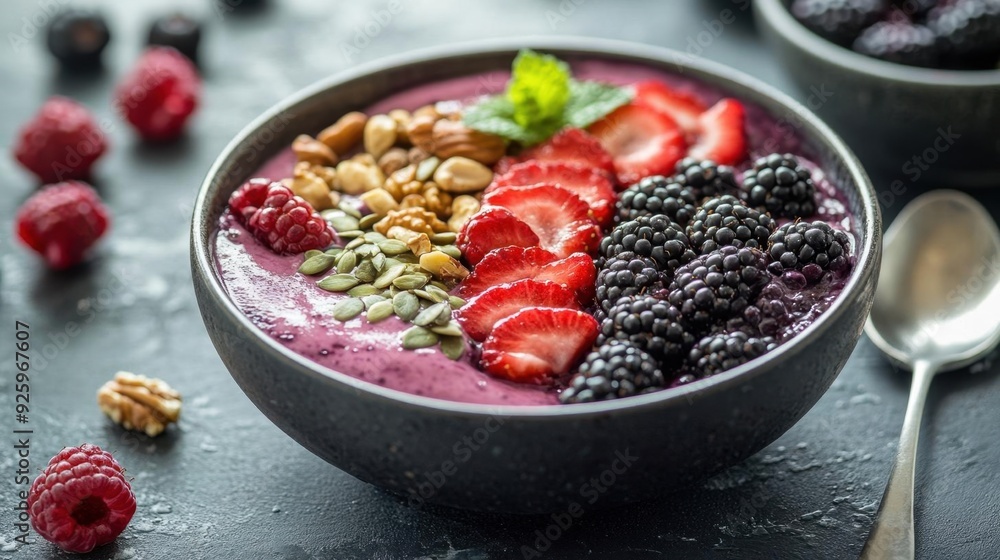 Vibrant acai bowl topped with fresh berries, nuts, and seeds, representing a healthy breakfast choice, Superfood, Colorful, nutritious, antioxidant-rich Vibrant acai bowl topped with fresh berries, nuts, and seeds, representing a healthy breakfast choice, Superfood, Colorful, nutritious, antioxidant-rich