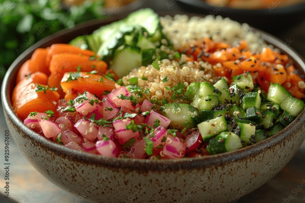 Colorful and nutritious buddha bowl with quinoa, vegetables, and tahini dressing. Close-up on blurred kitchen counter, showcasing fresh and healthy ingredients. Colorful and nutritious buddha bowl with quinoa, vegetables, and tahini dressing. Close-up on blurred kitchen counter, showcasing fresh and healthy ingredients.