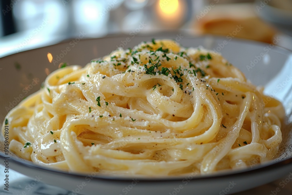 Creamy alfredo pasta with fresh parsley, close-up on a blurred dining table. Rich, comforting, and delicious dish. Creamy alfredo pasta with fresh parsley, close-up on a blurred dining table. Rich, comforting, and delicious dish.