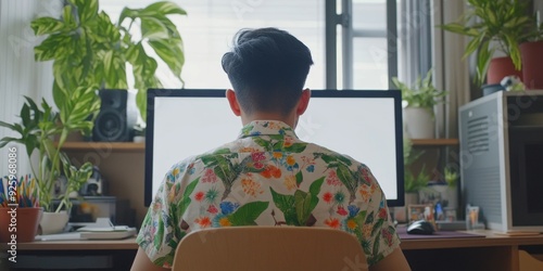 Young Professional Working from Home: Over-the-Shoulder View of Remote Worker Using Computer with Blank White Screen. Perfect for Marketing, UI Design, Posters, and 4K Wallpapers Illustrating Modern W