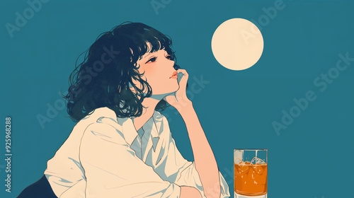 満月を見ながらお酒を飲む女性