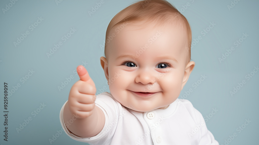 Cute little baby with bright eyes and a charming smile, giving a thumbs-up to the camera on blue background Cute little baby with bright eyes and a charming smile, giving a thumbs-up to the camera on blue background