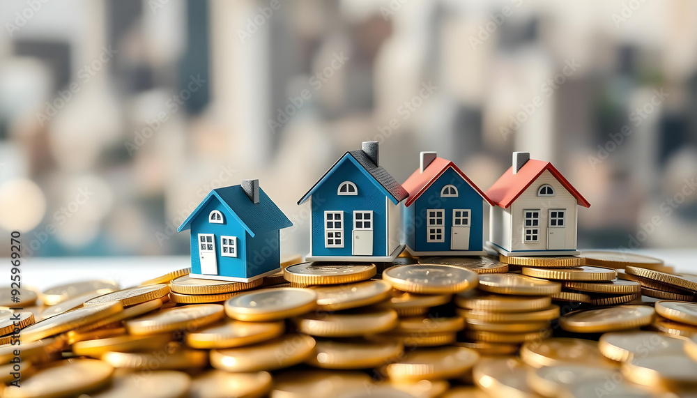 Miniature Houses Sitting on a Pile of Gold Coins. Prosperous Living of investment Miniature Houses Sitting on a Pile of Gold Coins. Prosperous Living of investment
