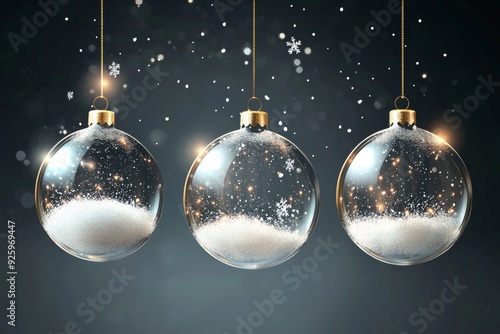 Realistic glass christmas ornaments with snow in 3d vector set for xmas tree decoration