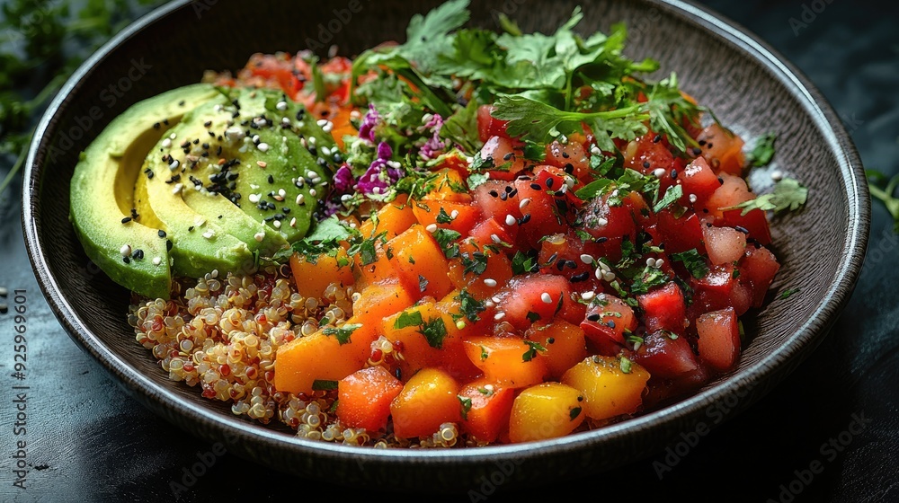 A Vibrant Vegan Dish with Colorful Vegetables, Quinoa, and Avocado A Vibrant Vegan Dish with Colorful Vegetables, Quinoa, and Avocado