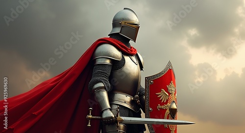 Heroic knight standing confidently, showcasing strength, bravery, and resilience. Ideal for cultural education, history, media, copy space available. photo