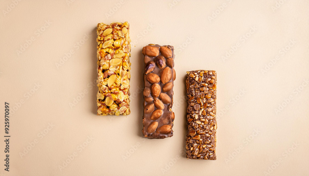 Energy protein bars with nuts or chocolate bars. Sweet food. Tasty snack. Beige backdrop. Top view. Energy protein bars with nuts or chocolate bars. Sweet food. Tasty snack. Beige backdrop. Top view.