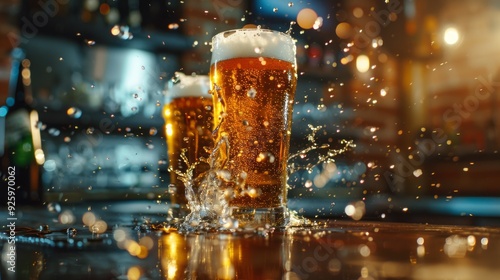 Cold beer splashes dramatically from freshly poured glasses, sparkling under the warm bar lights and creating a joyful atmosphere