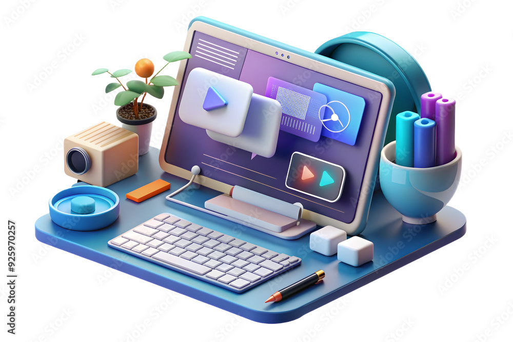 Tablet and keyboard with holographic content creation app in a flexible workspace, on white background with copy space. Ideal for stock photo concepts. Tablet and keyboard with holographic content creation app in a flexible workspace, on white background with copy space. Ideal for stock photo concepts.