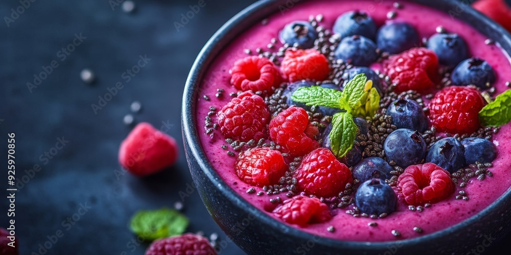 Macro shot of a smoothie bowl with vibrant fruits and seeds, illustrating the nutritious and appealing aspects of healthy eating Macro shot of a smoothie bowl with vibrant fruits and seeds, illustrating the nutritious and appealing aspects of healthy eating