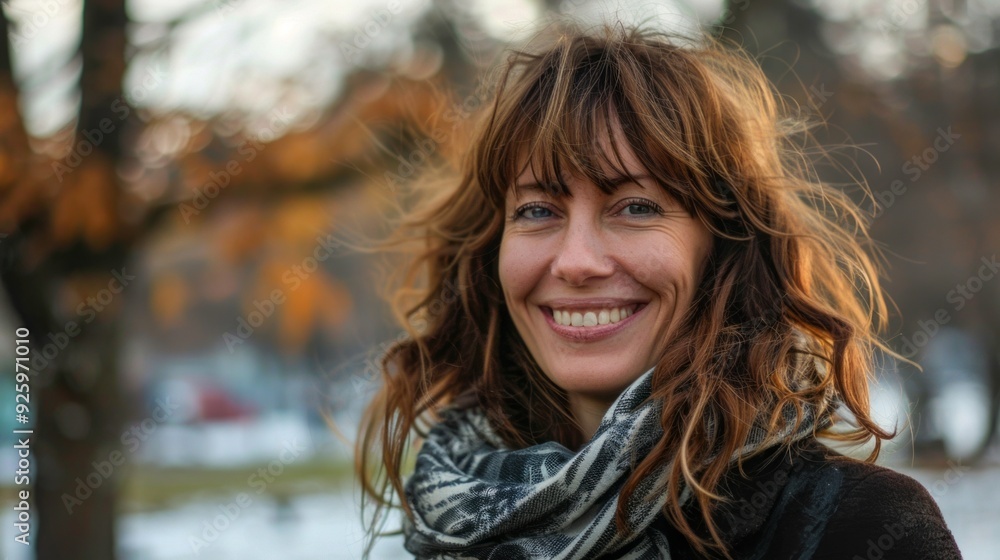 A cheerful woman stands in a tranquil park, her vibrant smile radiating joy amidst the autumn scenery A cheerful woman stands in a tranquil park, her vibrant smile radiating joy amidst the autumn scenery
