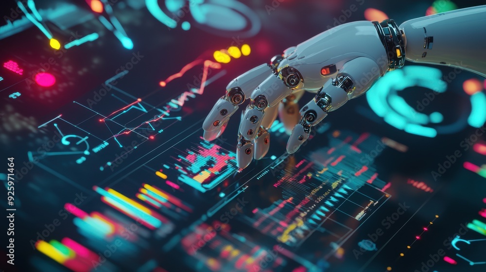 Fototapeta premium Futuristic AI Data Analysis Concept with Robotic Hands Interacting with Charts - 3D Illustration