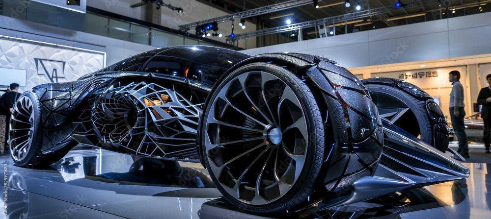 Fototapeta premium Innovative Futuristic Concept Car with Cutting Edge Tire Design at Auto Show for Technology Enthusiasts