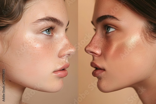 Two stunning women in a close-up view, facing each other and displaying their radiant beauty