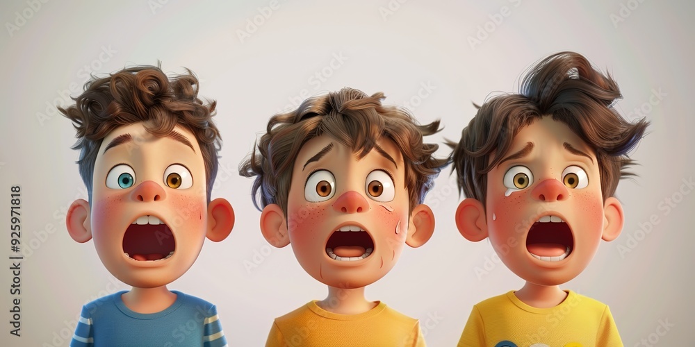 Three cute cartoon boys, with different hair colors and styles, wearing striped t-shirts Three cute cartoon boys, with different hair colors and styles, wearing striped t-shirts