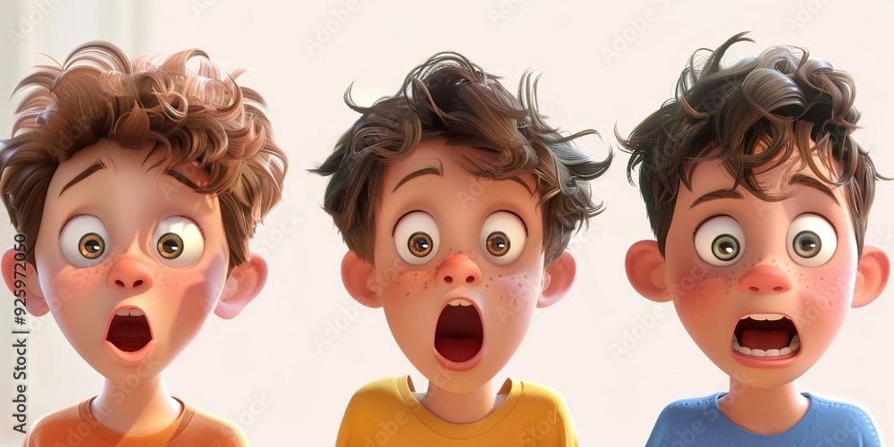 Three cute cartoon boys, with different hair colors and styles, wearing striped t-shirts Three cute cartoon boys, with different hair colors and styles, wearing striped t-shirts