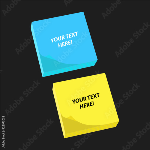 Yellow and blue blank memo sticky notes paper flat vector design isolated on black background