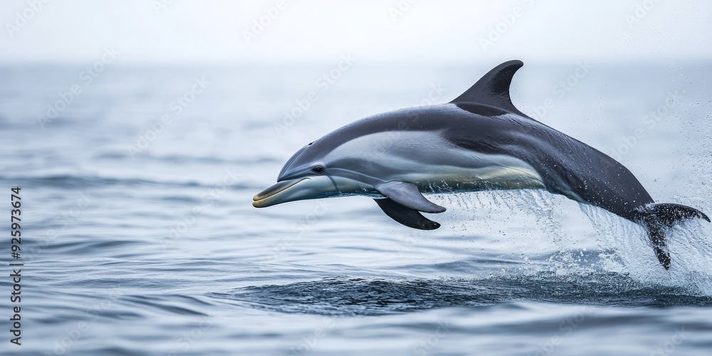 Fototapeta premium Detailed view of a playful dolphin leaping out of the water, illustrating the grace and agility of marine wildlife in their aquatic environment