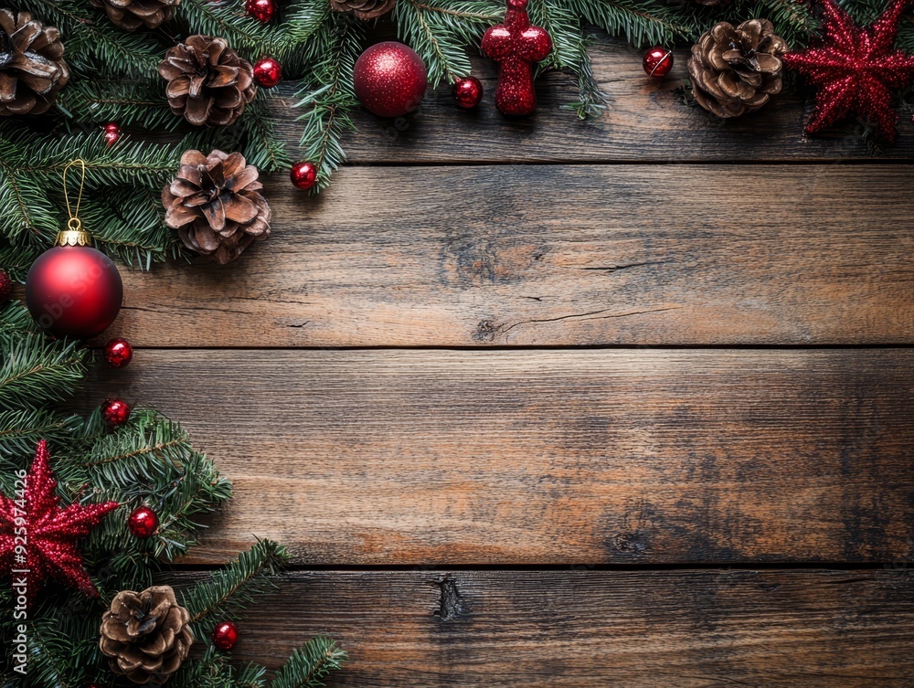 Festive christmas decorations on rustic wooden background in captivating photograph Festive christmas decorations on rustic wooden background in captivating photograph