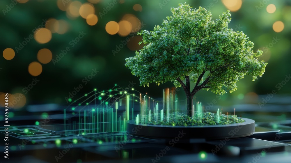 Futuristic Business Growth Analysis with Digital Trees and 3D Growth Charts - Conceptual 3D Illustration Futuristic Business Growth Analysis with Digital Trees and 3D Growth Charts - Conceptual 3D Illustration