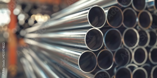 close up of stack of steel pipes in a warehouse or factory with a blurry background, realistic depiction of light