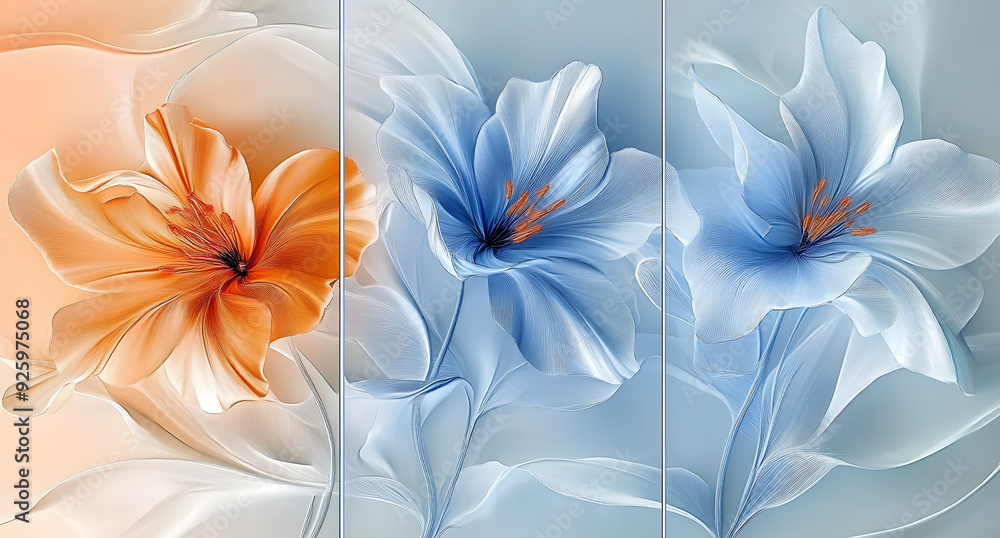 Obraz premium Three abstract botanical wall art panels in blue and orange with translucent flowers