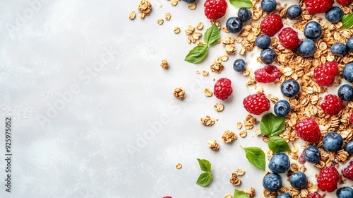 Healthy Breakfast Concept: Granola with Yogurt, Blueberries, Chia Seeds, and Pumpkin Seeds on Light Background