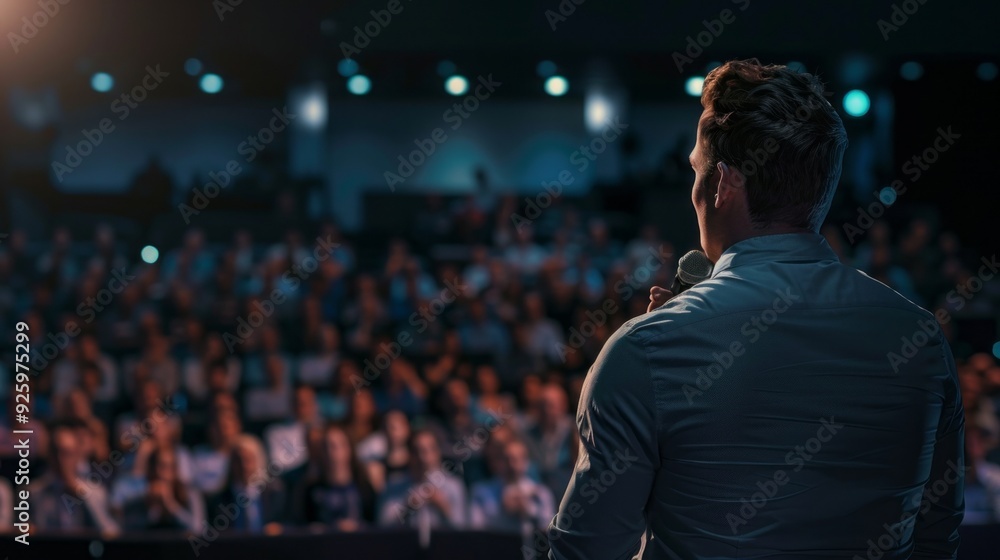 A male speaker passionately addresses a captivated audience, sharing insights at an evening conference in a sophisticated venue A male speaker passionately addresses a captivated audience, sharing insights at an evening conference in a sophisticated venue